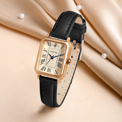 Retro Square Women’s Quartz Watch – Leather Strap